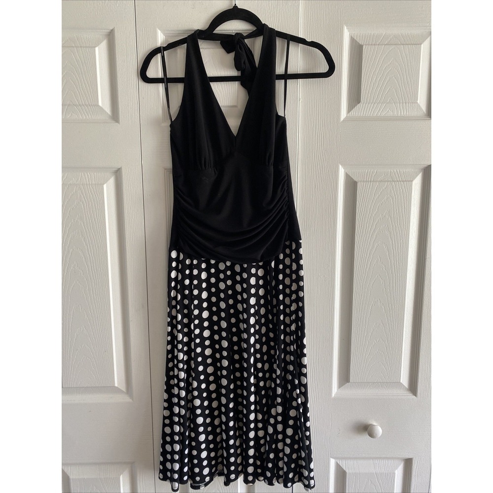 Frank Lyman Polka Dot Halter Ruched Midi Dress Womens Size 8 Black White Pinup